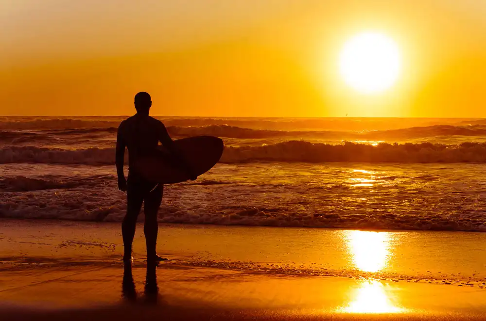 man carrying a surf board watching the sunset in the beach