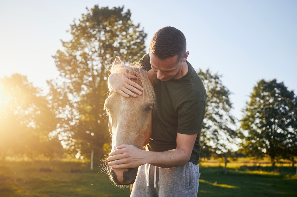 Male bonding with a horse in equine assisted therapy in Menifee CA