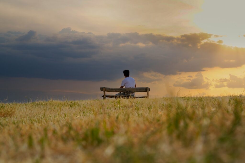 Man sitting alone on a bench in a golden field, considering addiction treatment options